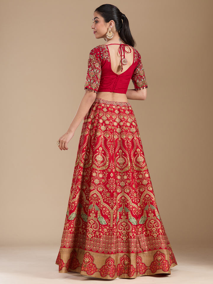 Red Threadwork Art Silk Readymade Lehenga