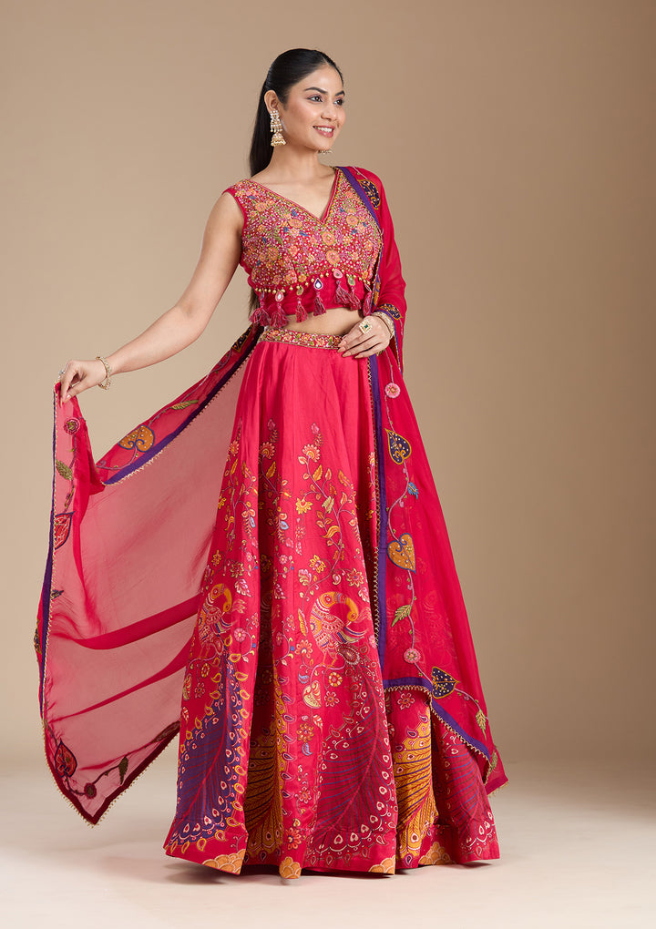 Rani Pink Printed Soft Raw Silk Readymade Lehenga
