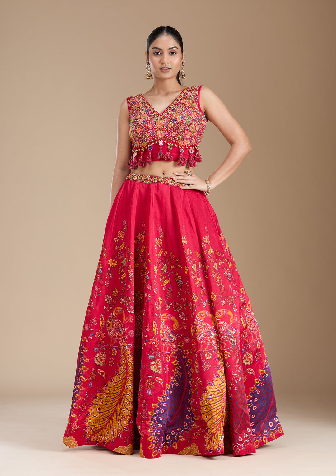 Rani Pink Printed Soft Raw Silk Readymade Lehenga