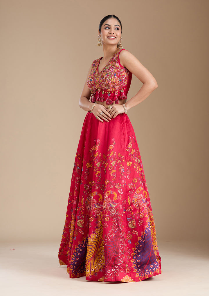 Rani Pink Printed Soft Raw Silk Readymade Lehenga
