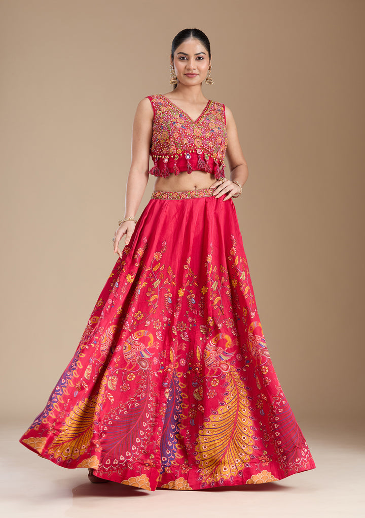 Rani Pink Printed Soft Raw Silk Readymade Lehenga