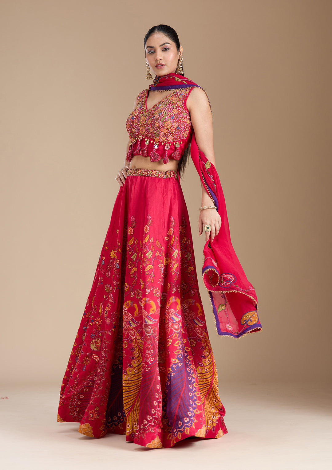 Rani Pink Printed Soft Raw Silk Readymade Lehenga