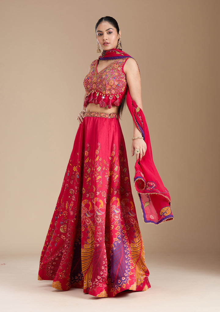 Rani Pink Printed Soft Raw Silk Readymade Lehenga
