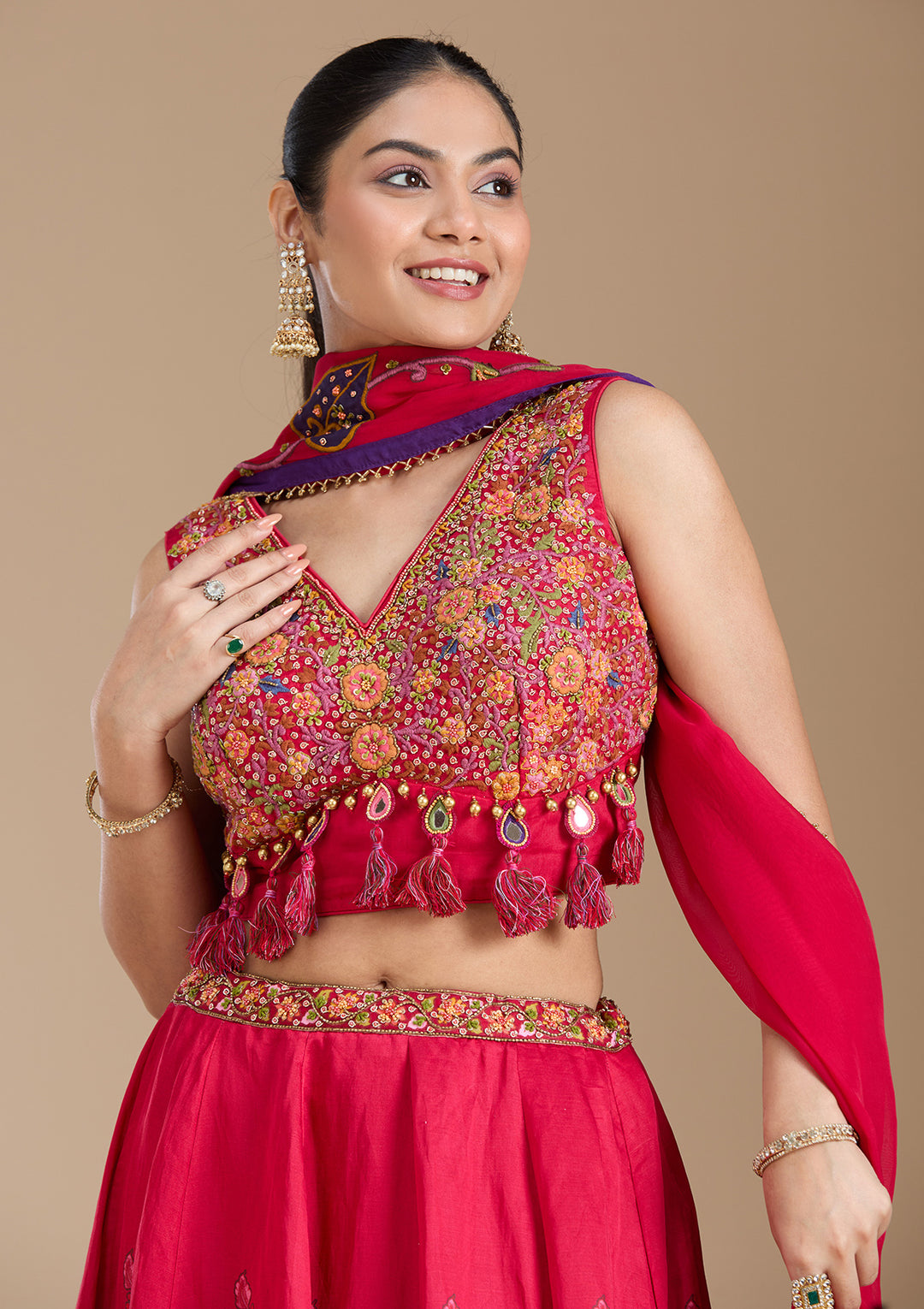 Rani Pink Printed Soft Raw Silk Readymade Lehenga