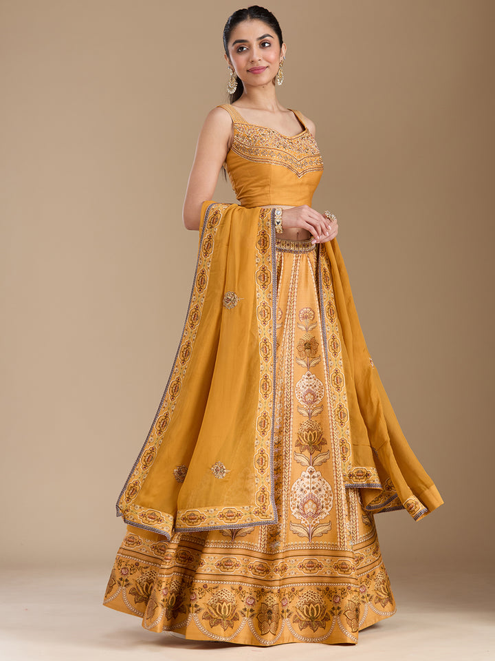 Yellow Threadwork Art Silk Readymade Lehenga