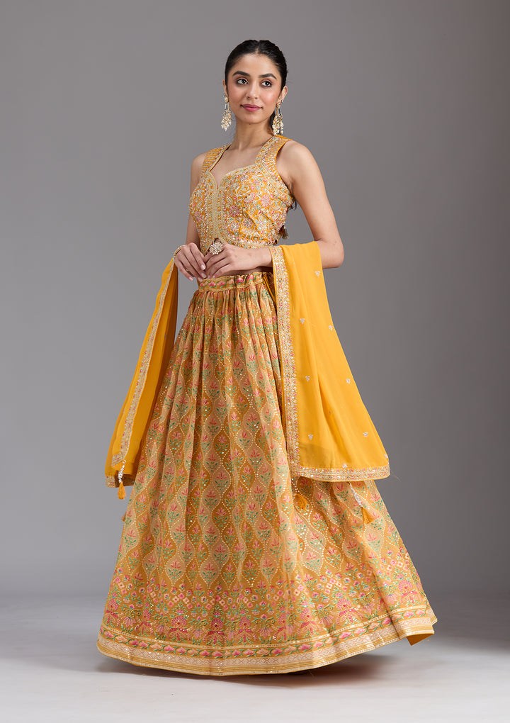 Mustard Yellow Zariwork (Gold) Georgette Readymade Lehenga