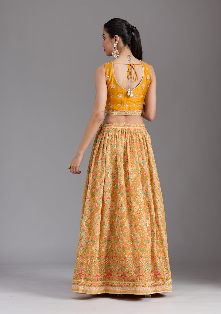 Mustard Yellow Zariwork (Gold) Georgette Readymade Lehenga
