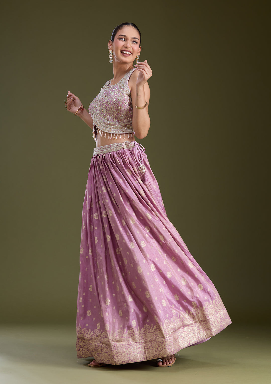 Lavender Sequins Banarasi Readymade Lehenga