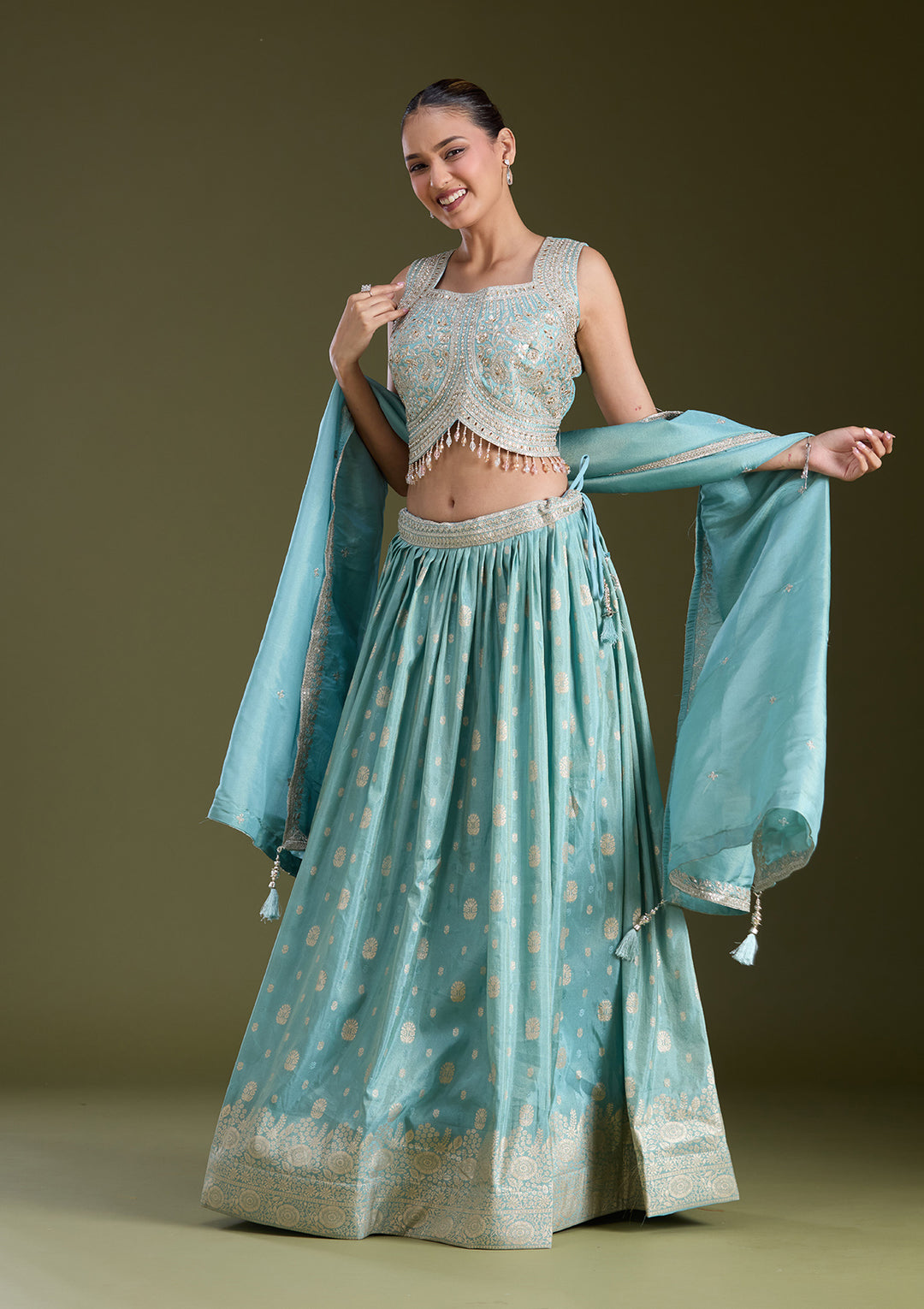 Sky Blue Sequins Banarasi Readymade Lehenga