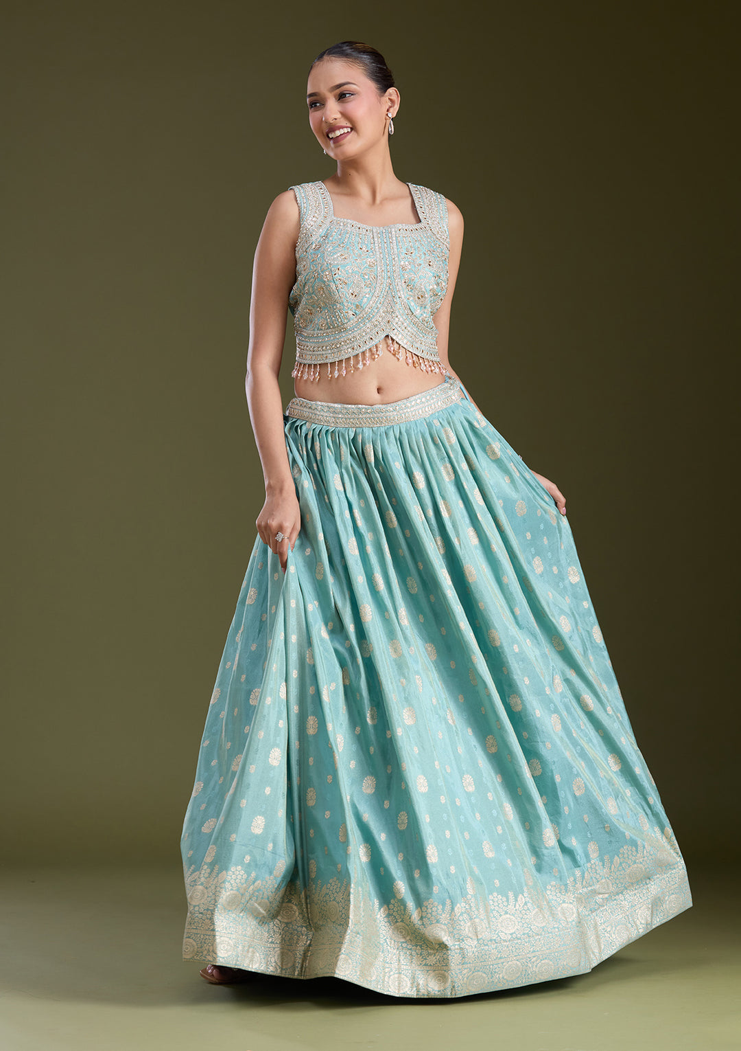 Sky Blue Sequins Banarasi Readymade Lehenga
