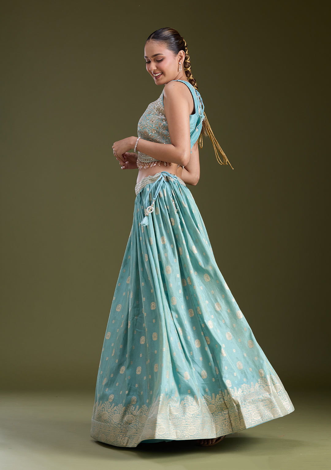 Sky Blue Sequins Banarasi Readymade Lehenga