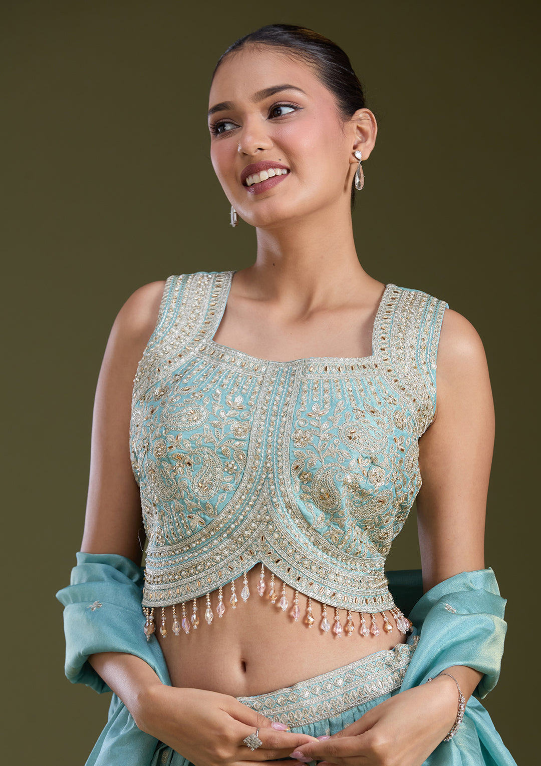 Sky Blue Sequins Banarasi Readymade Lehenga