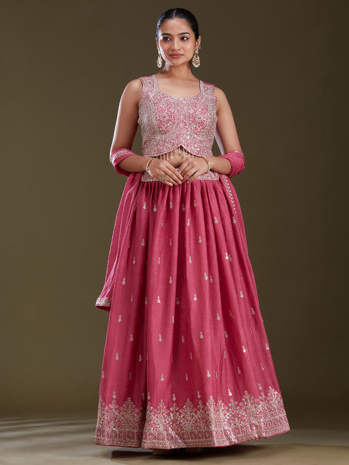 Pink Zariwork (Silver) Soft Raw Silk Readymade Lehenga