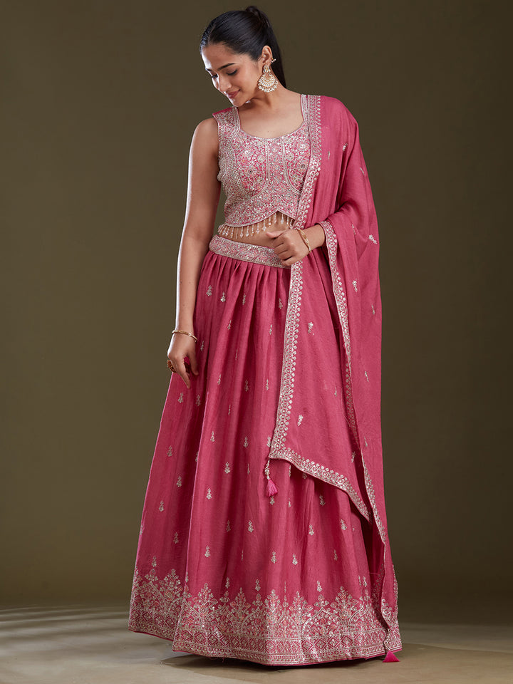 Pink Zariwork (Silver) Soft Raw Silk Readymade Lehenga