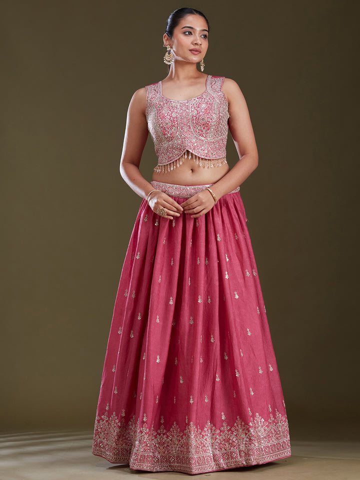 Pink Zariwork (Silver) Soft Raw Silk Readymade Lehenga