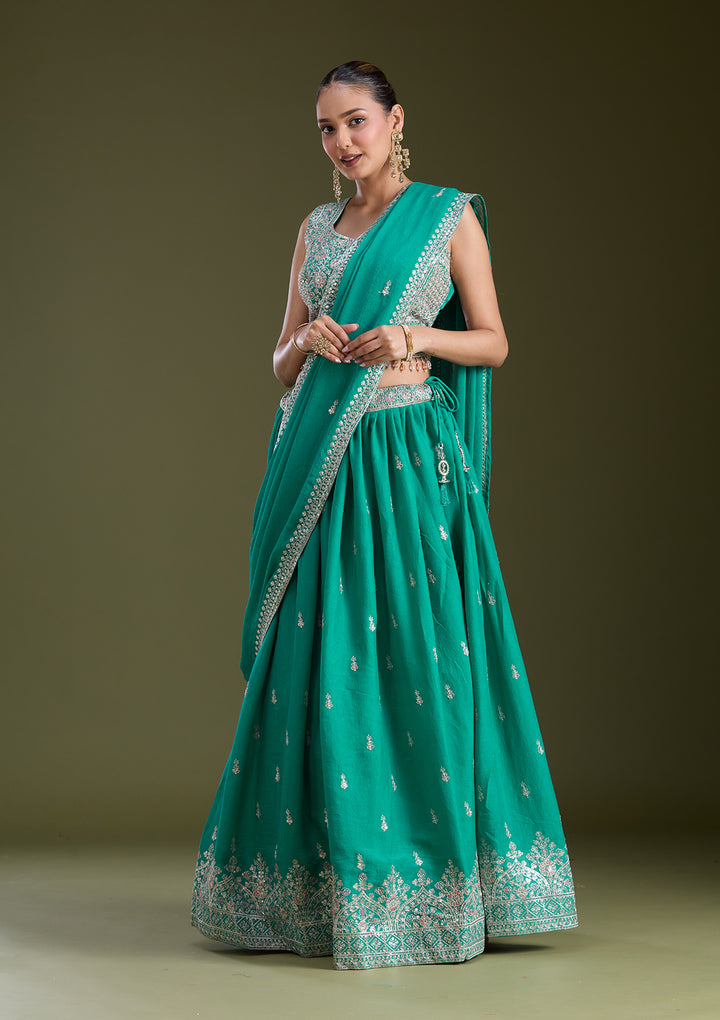 Sea Green Zariwork (Gold) Soft Raw Silk Readymade Lehenga