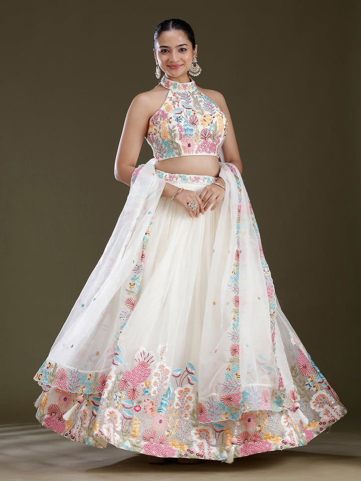 Off White Threadwork Organza Readymade Lehenga