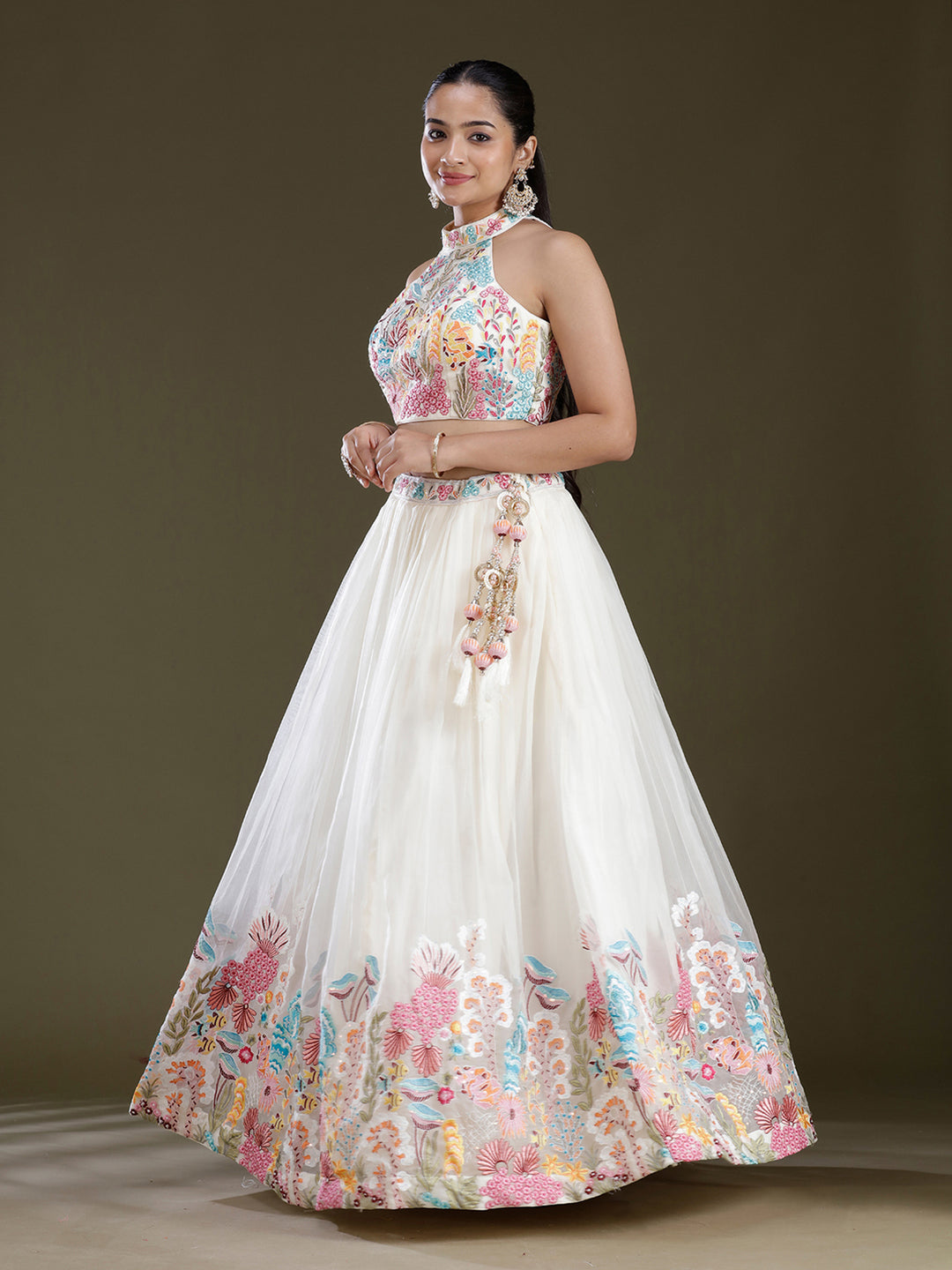 Off White Threadwork Organza Readymade Lehenga