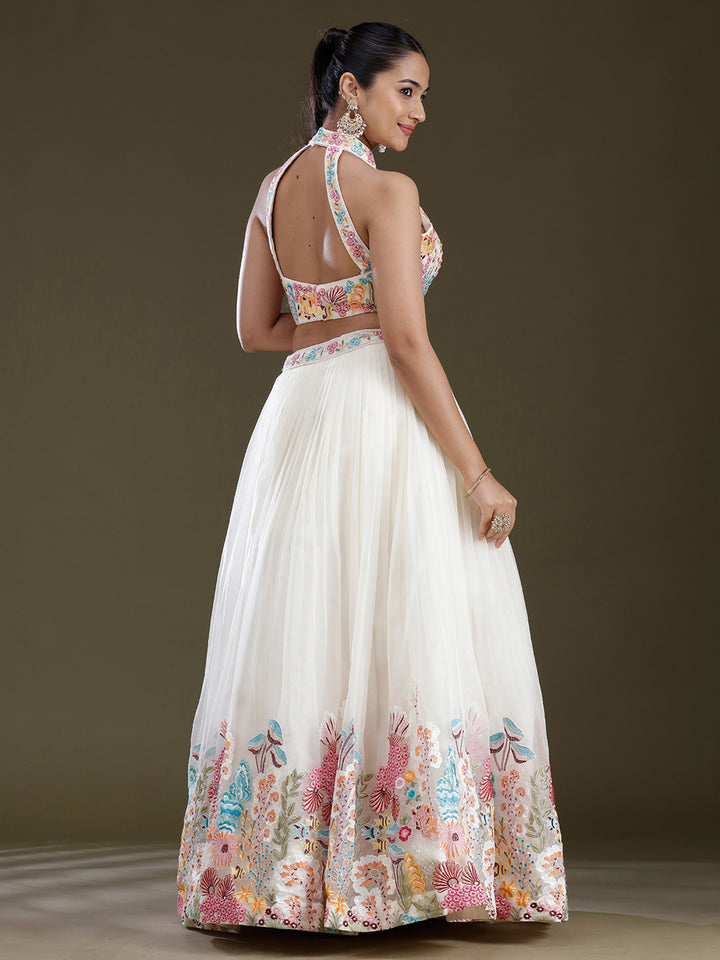 Off White Threadwork Organza Readymade Lehenga