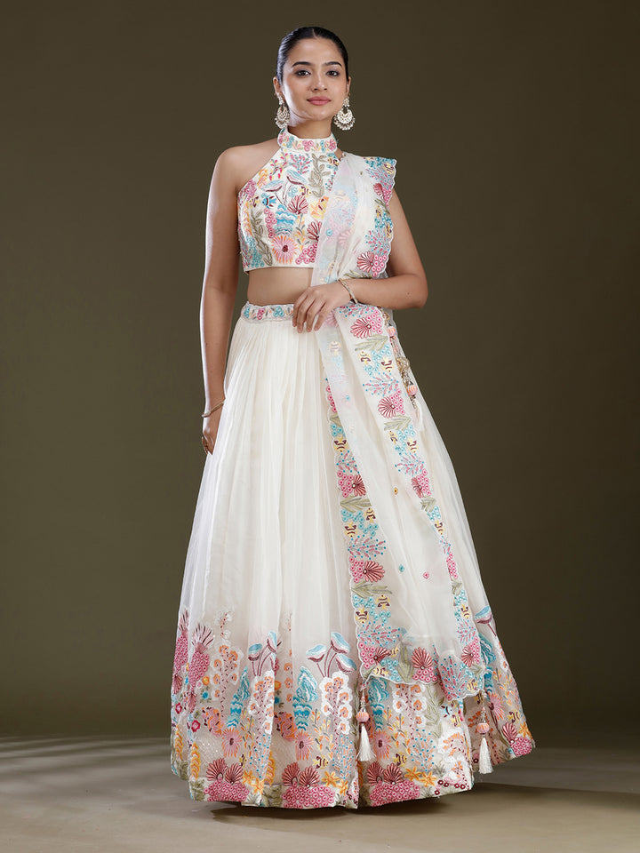Off White Threadwork Organza Readymade Lehenga