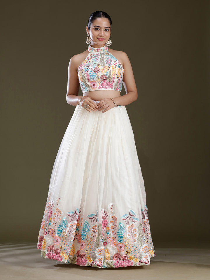 Off White Threadwork Organza Readymade Lehenga
