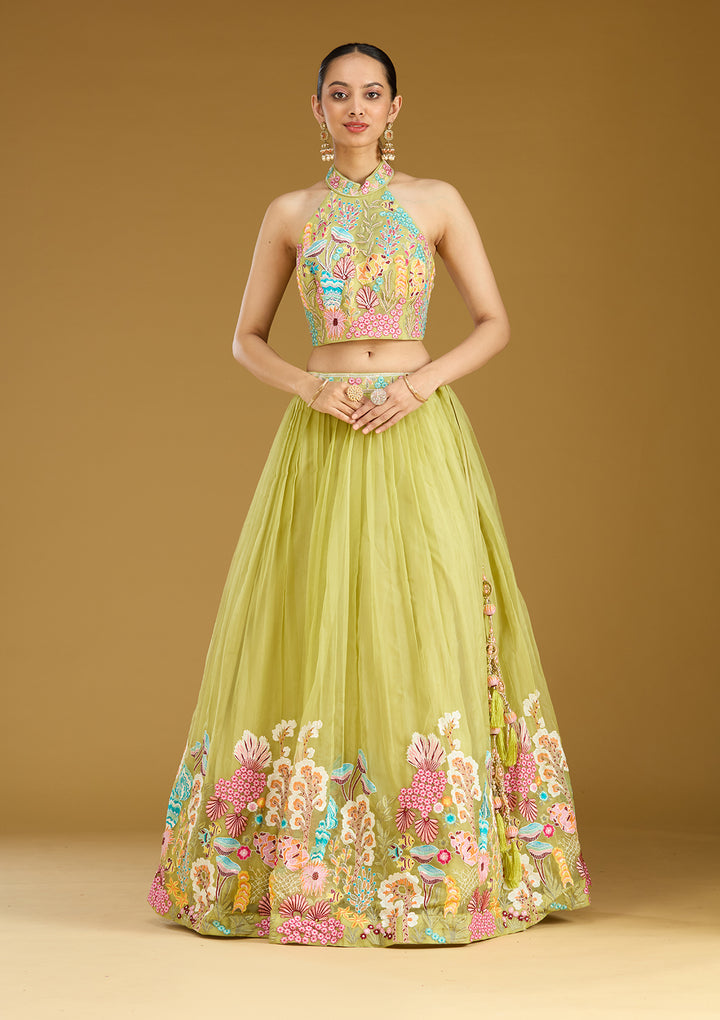 Pista Green Threadwork Organza Readymade Lehenga