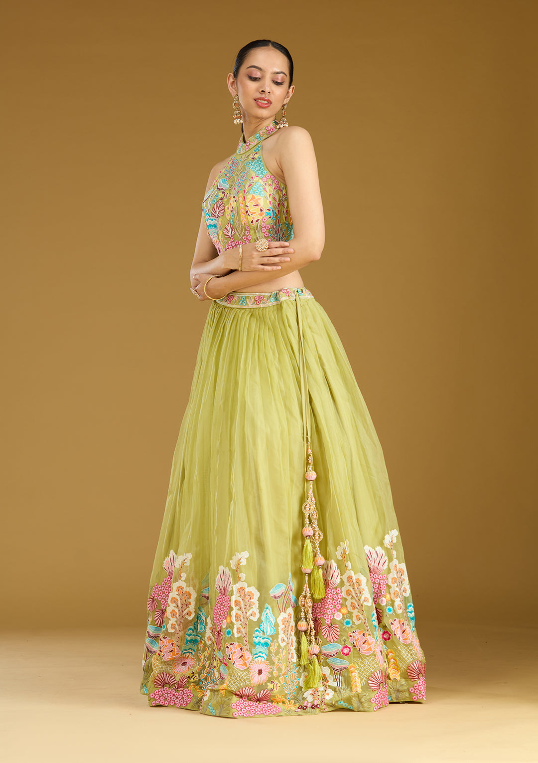 Pista Green Threadwork Organza Readymade Lehenga