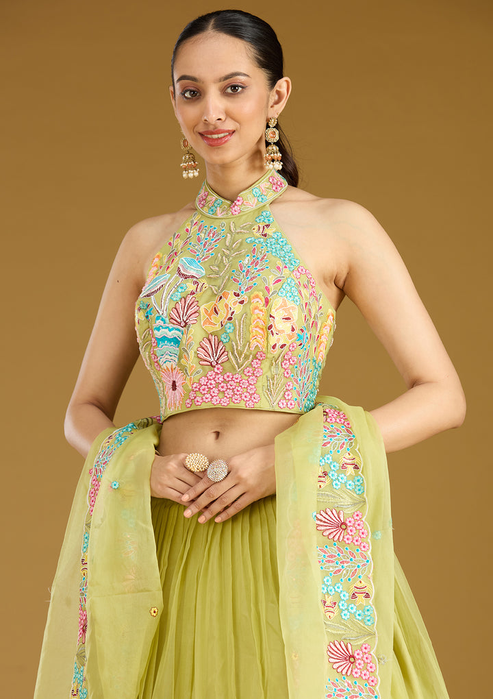 Pista Green Threadwork Organza Readymade Lehenga