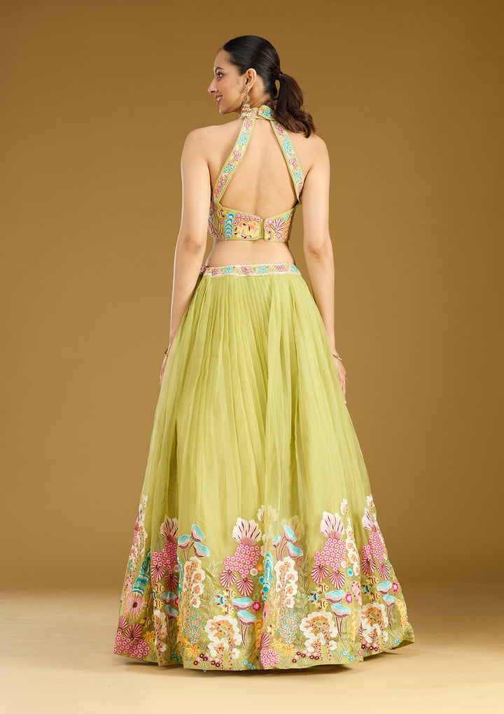 Pista Green Threadwork Organza Readymade Lehenga