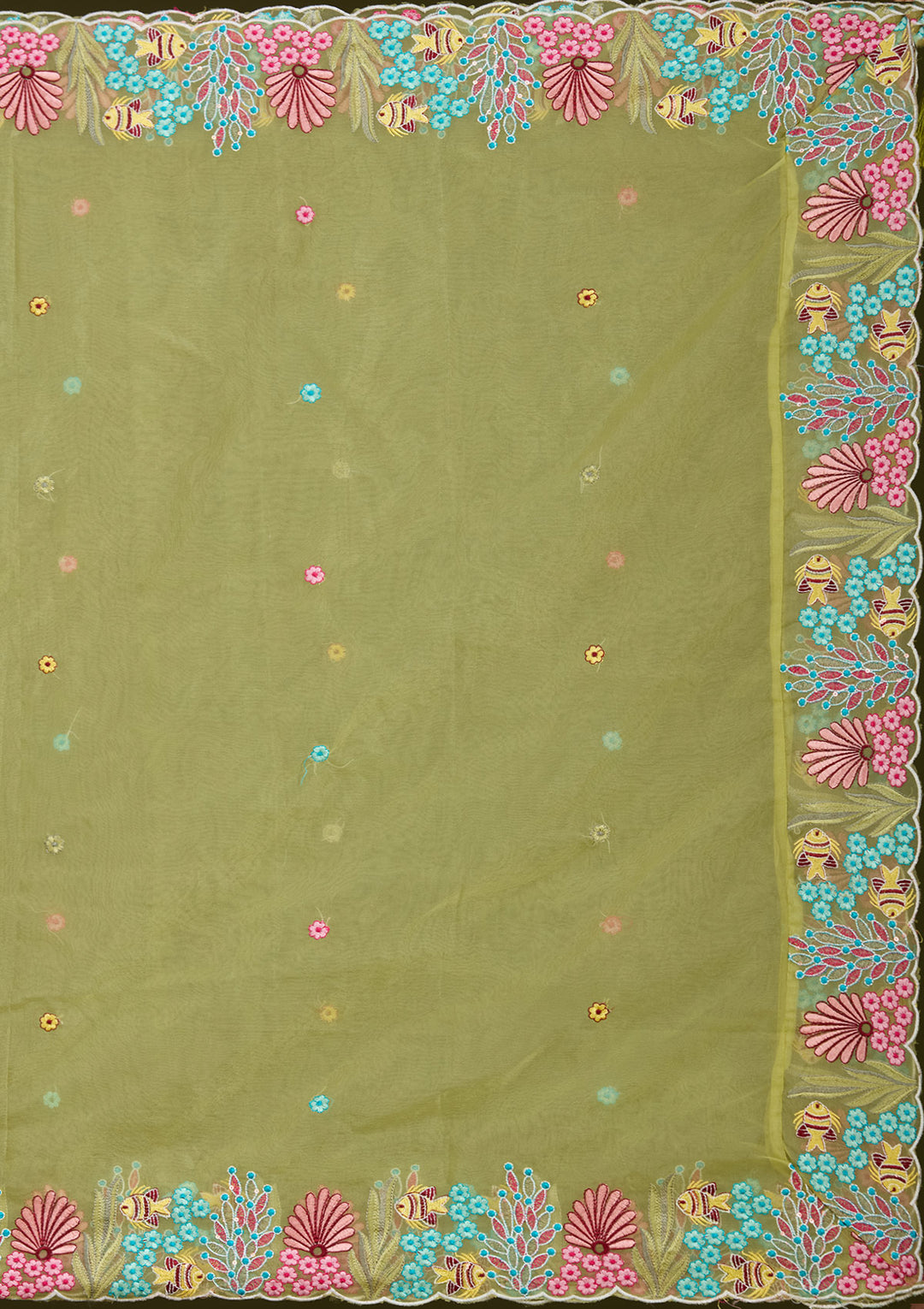 Pista Green Threadwork Organza Readymade Lehenga