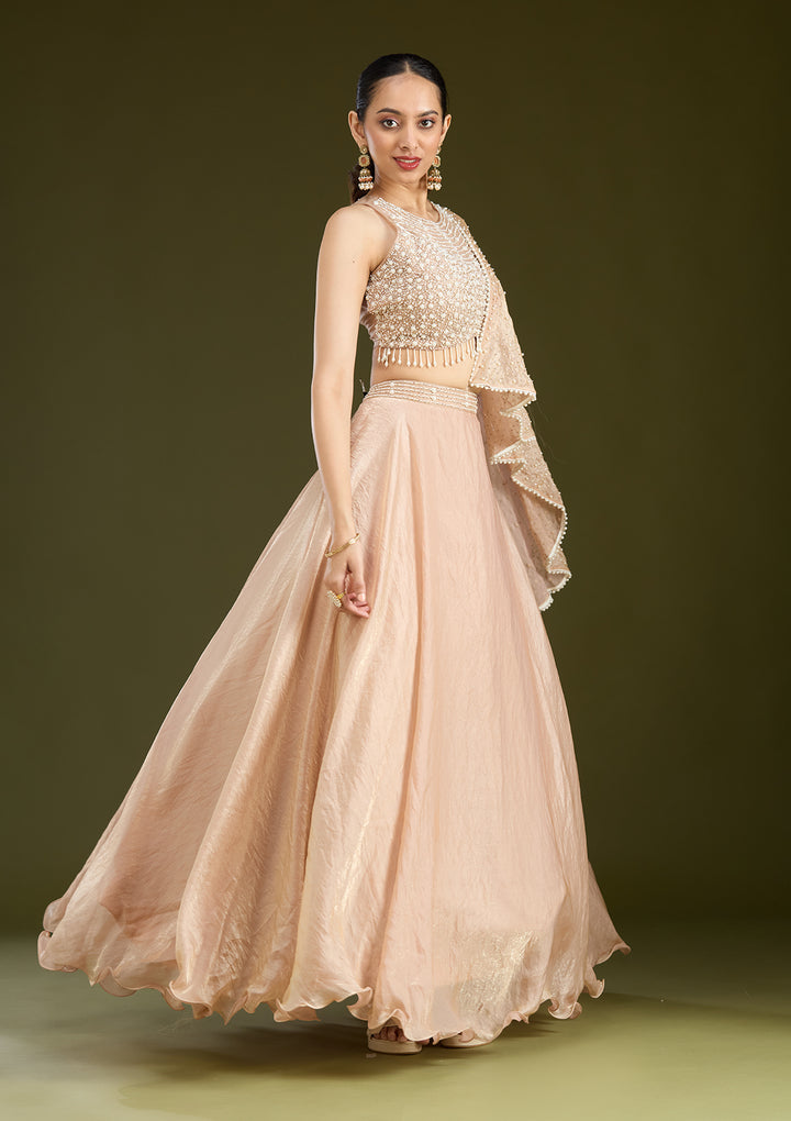 Beige Pearlwork Organza Readymade Lehenga