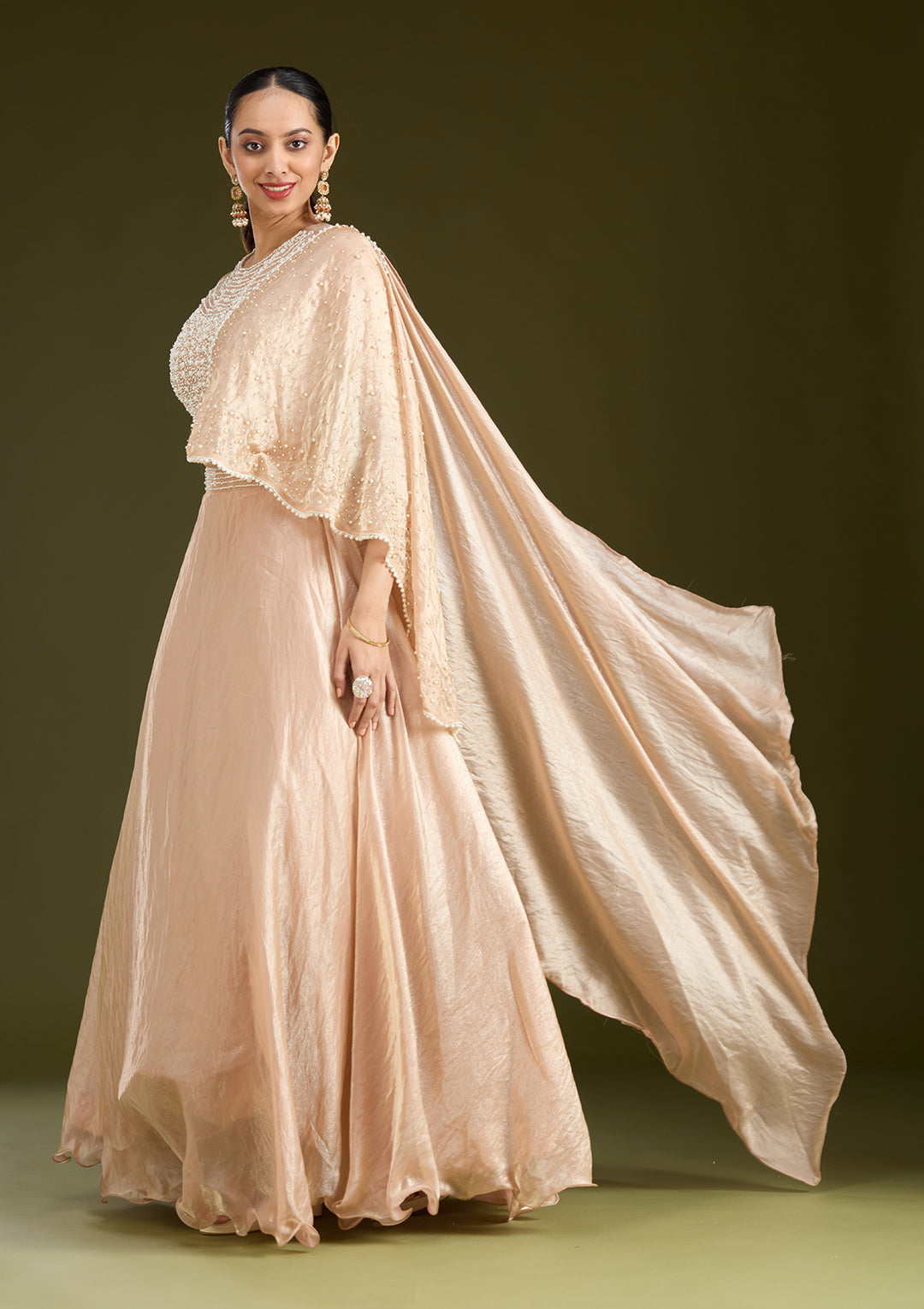 Beige Pearlwork Organza Readymade Lehenga