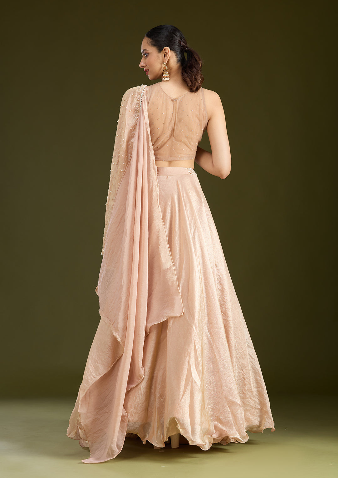 Beige Pearlwork Organza Readymade Lehenga