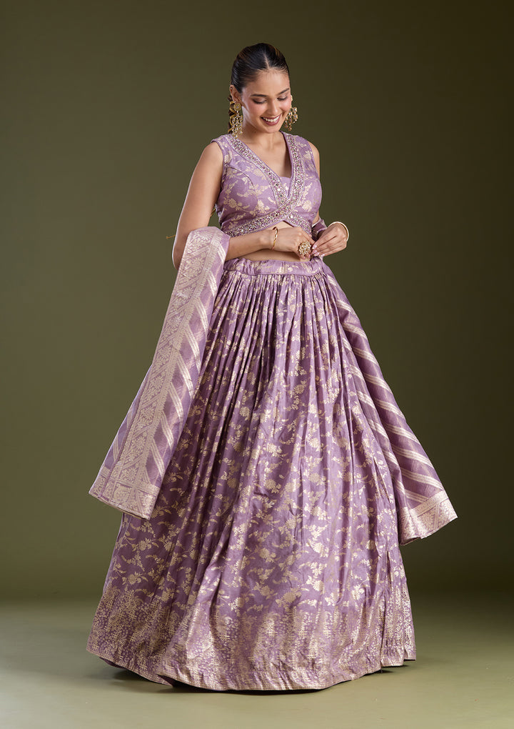 Dark Lavender Sequins Soft Raw Silk Readymade Lehenga
