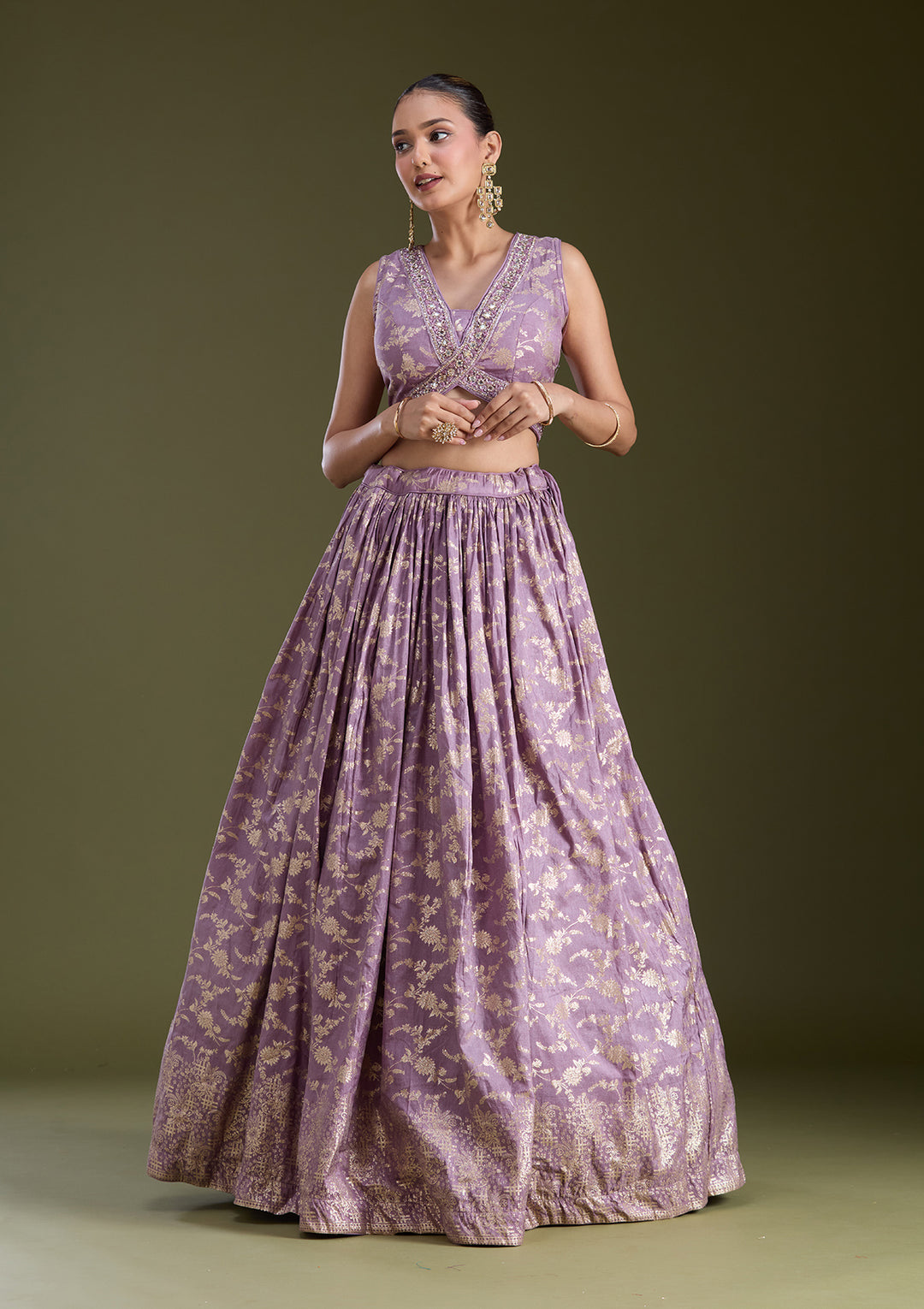 Dark Lavender Sequins Soft Raw Silk Readymade Lehenga