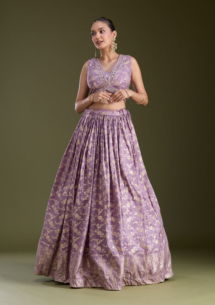Dark Lavender Sequins Soft Raw Silk Readymade Lehenga