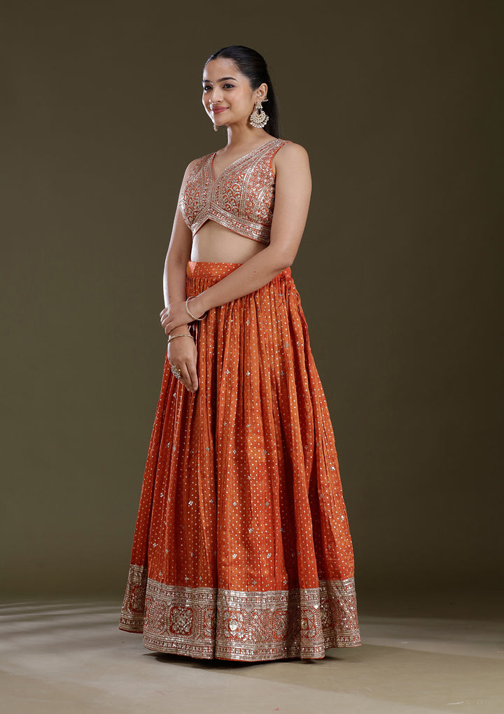 Orange Zariwork (Gold) Brocade Readymade Lehenga
