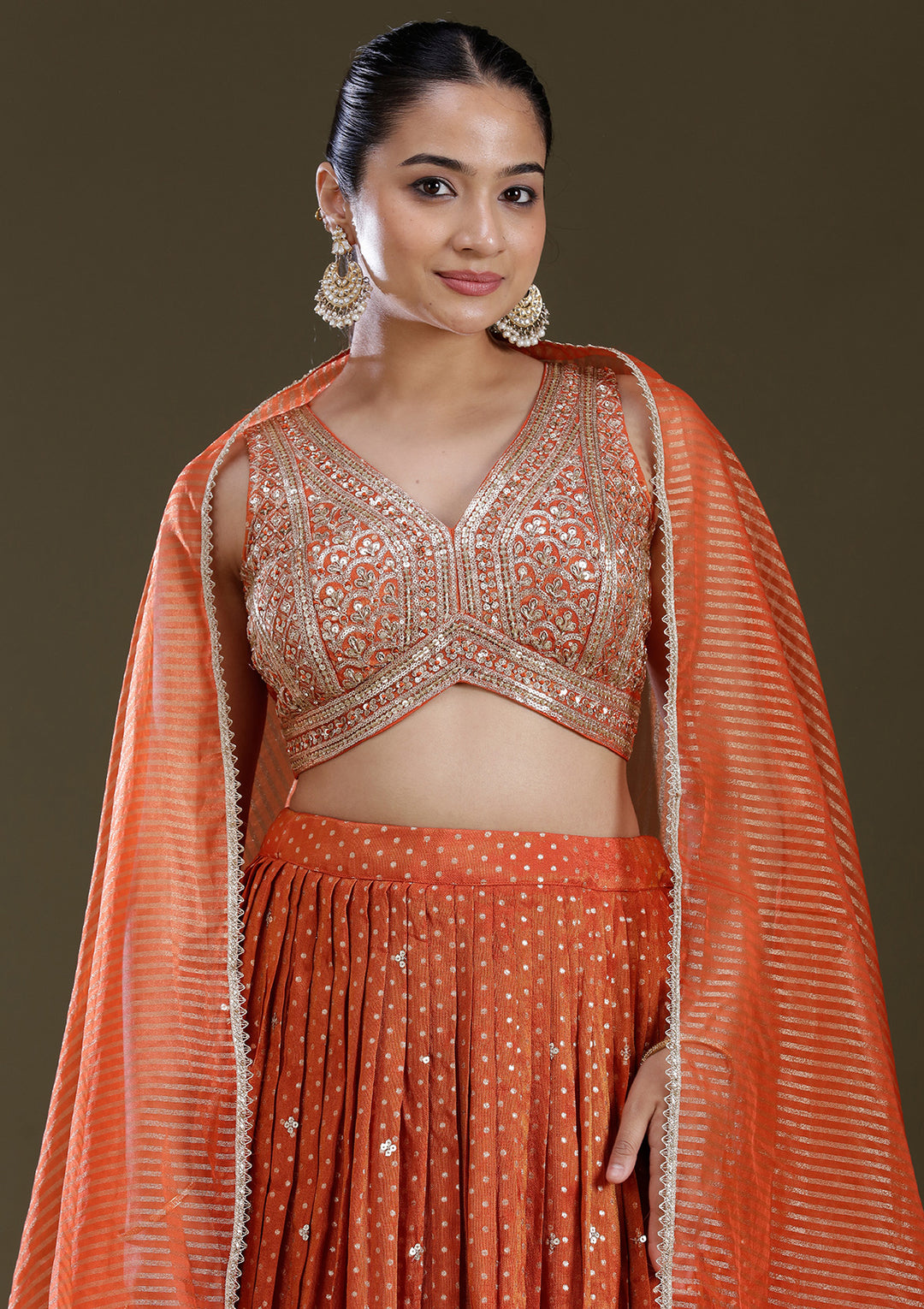 Orange Zariwork (Gold) Brocade Readymade Lehenga