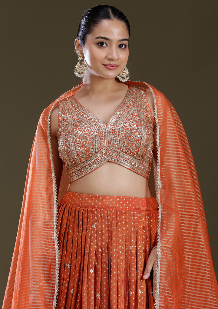 Orange Zariwork (Gold) Brocade Readymade Lehenga
