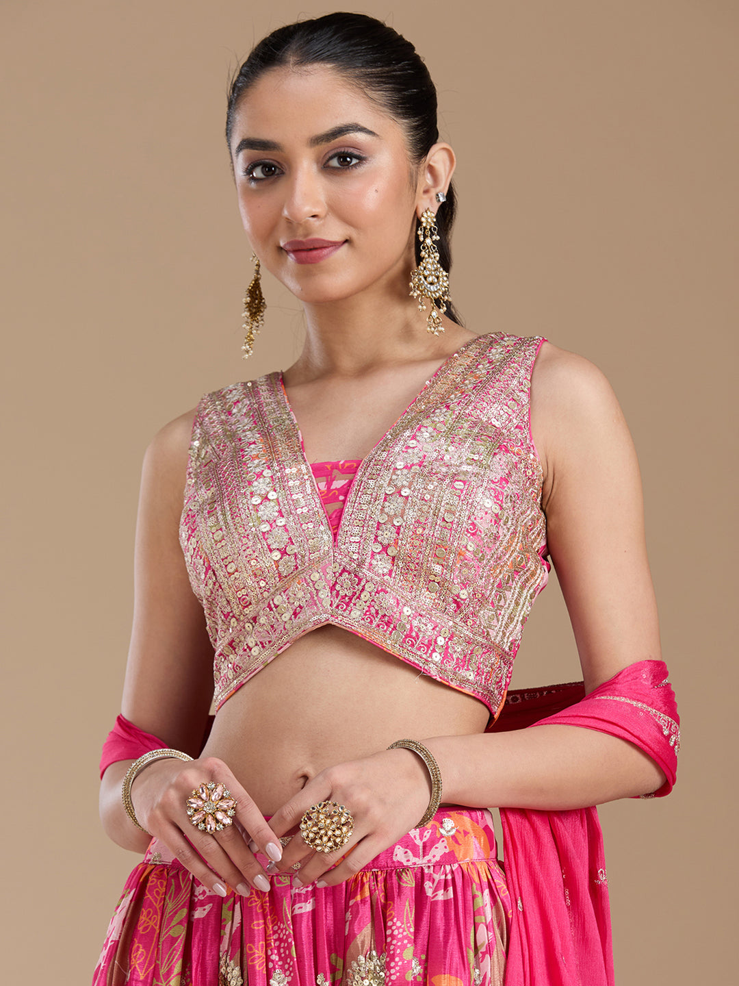 Rani Pink Sequins Satin Readymade Lehenga