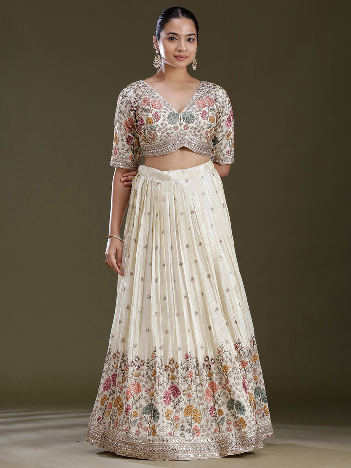 Cream Threadwork Art Silk Readymade Lehenga
