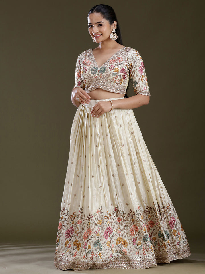 Cream Threadwork Art Silk Readymade Lehenga