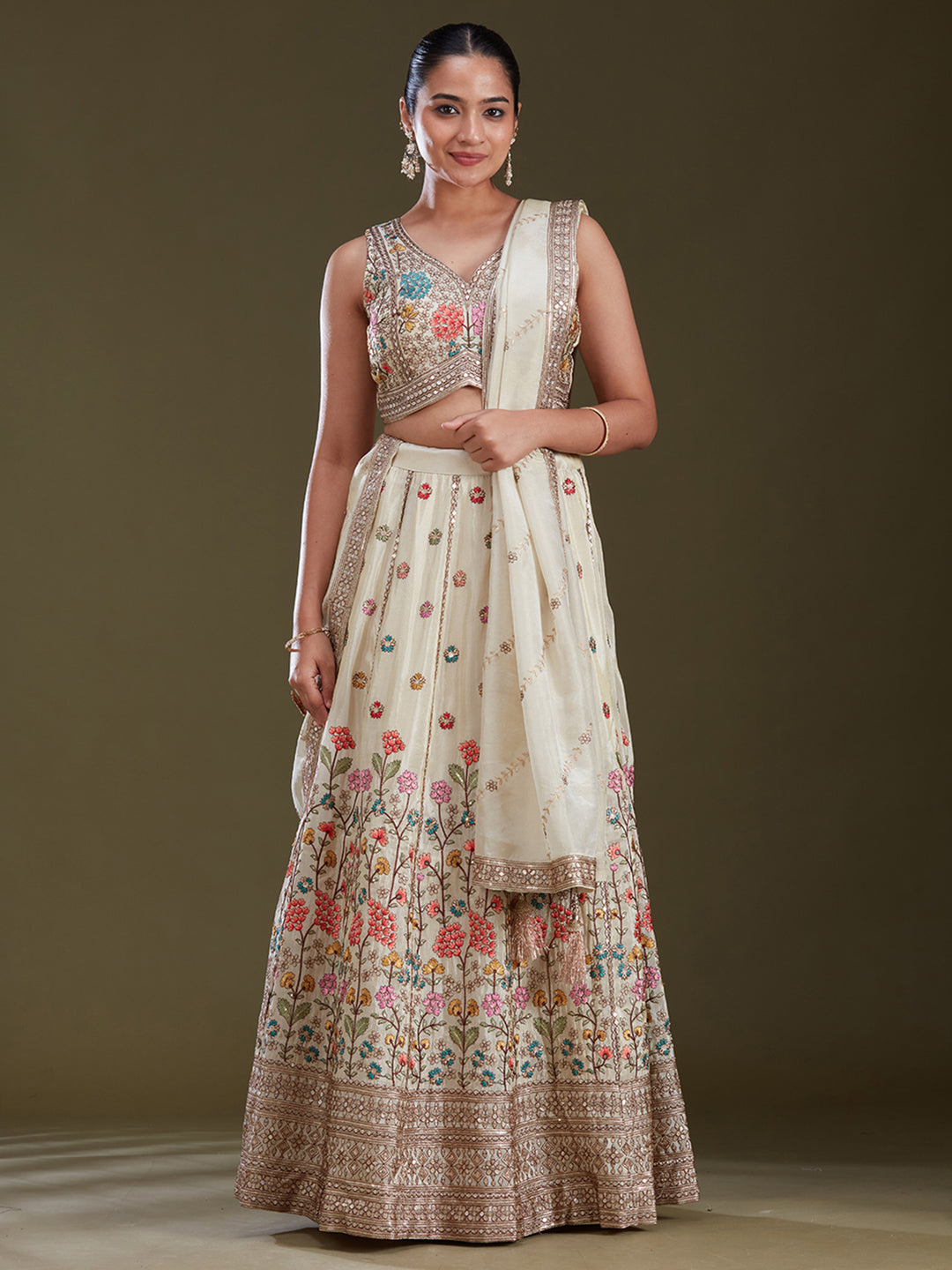 Cream Threadwork Art Silk Readymade Lehenga