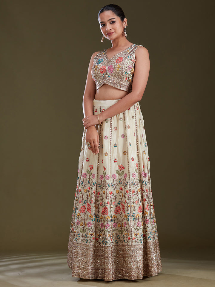 Cream Threadwork Art Silk Readymade Lehenga