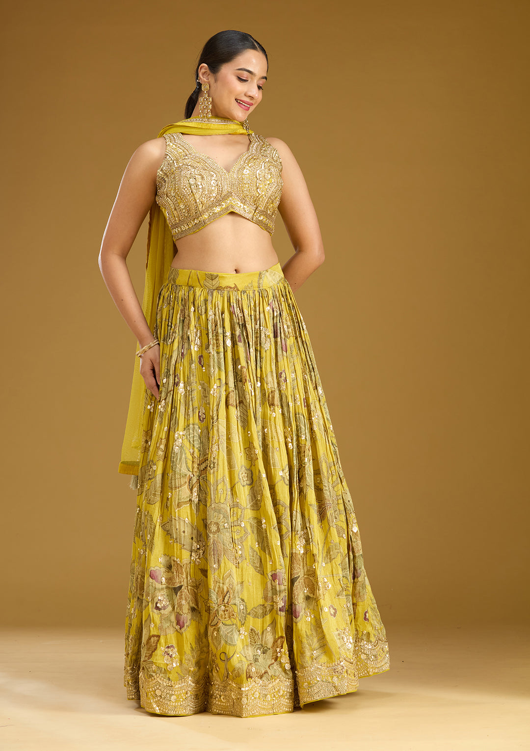 Mehandi Green Zariwork (Gold) Crepe Readymade Lehenga