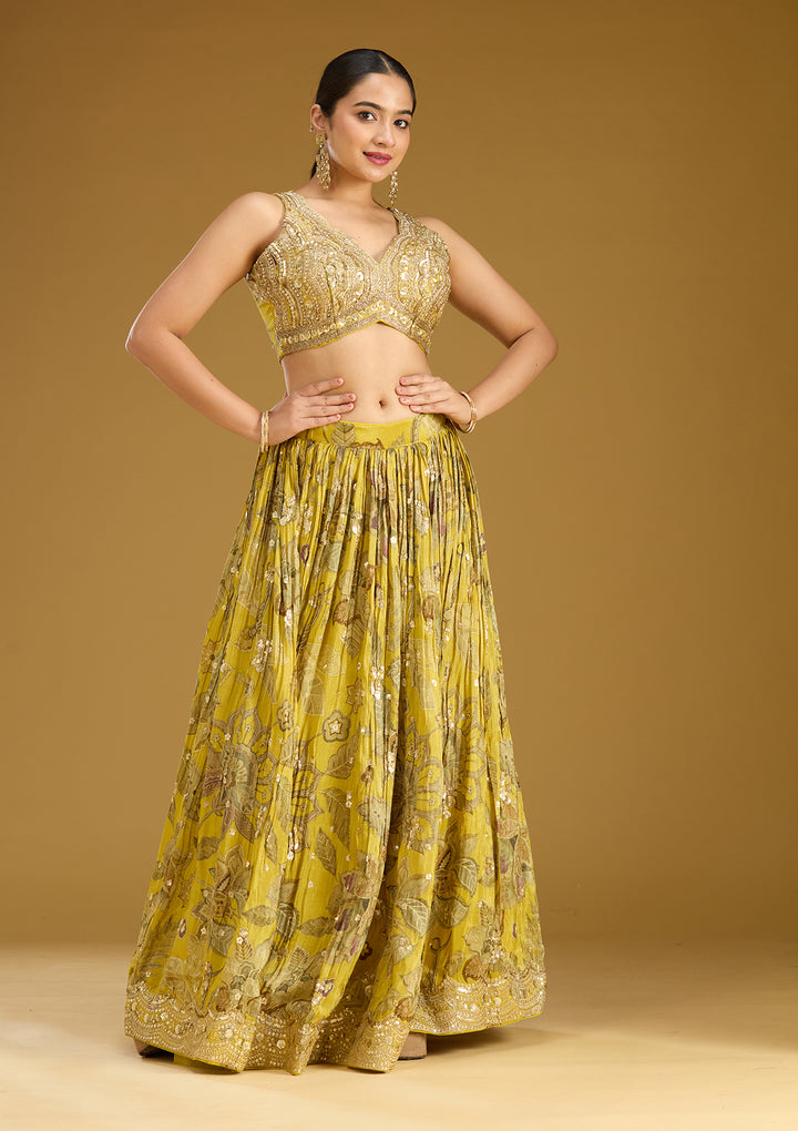 Mehandi Green Zariwork (Gold) Crepe Readymade Lehenga