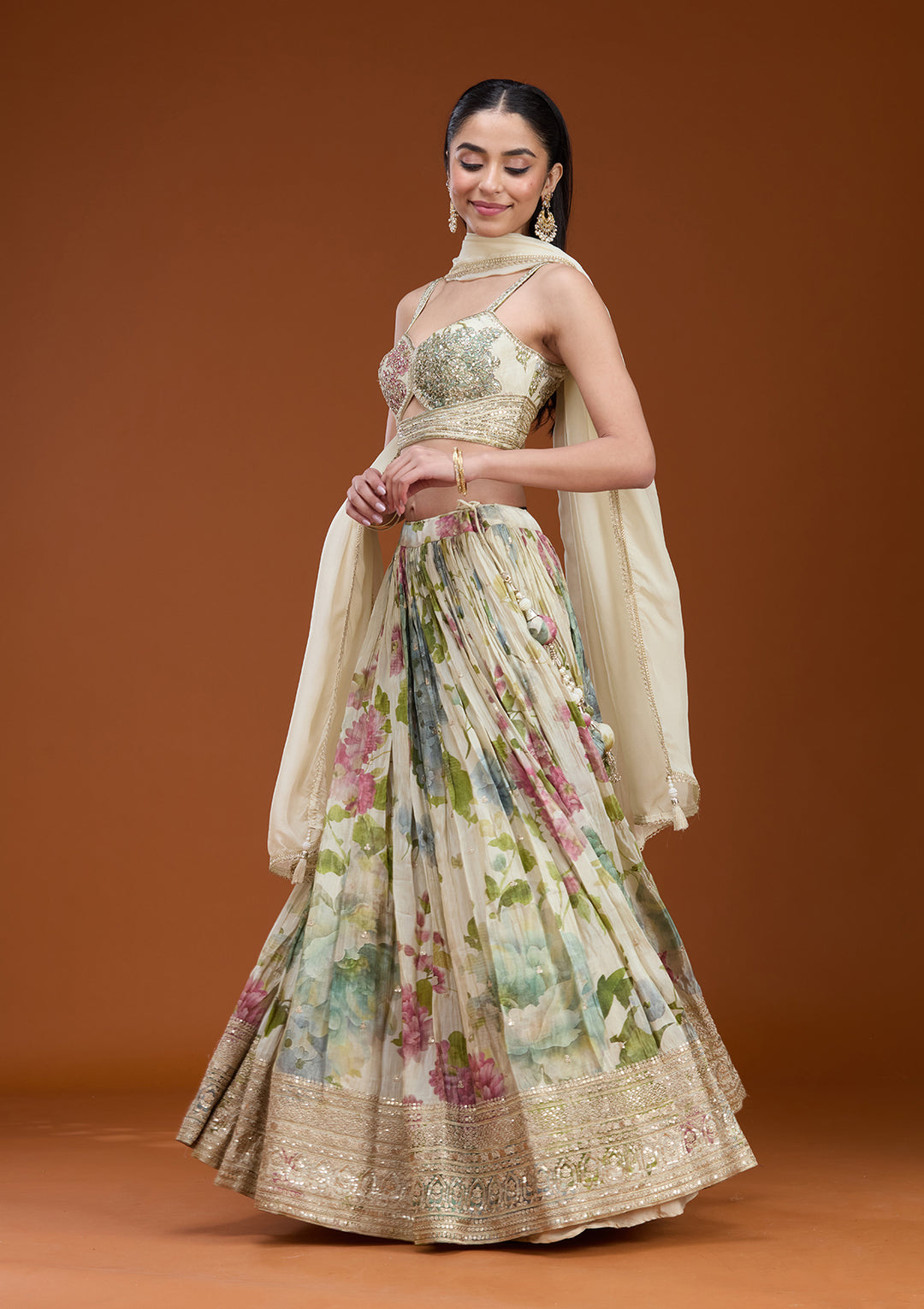 Off White Zariwork (Gold) Crepe Readymade Lehenga