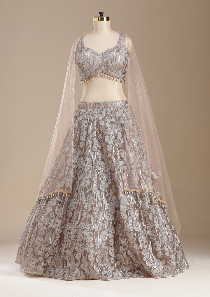Brown Threadwork Net Readymade Lehenga