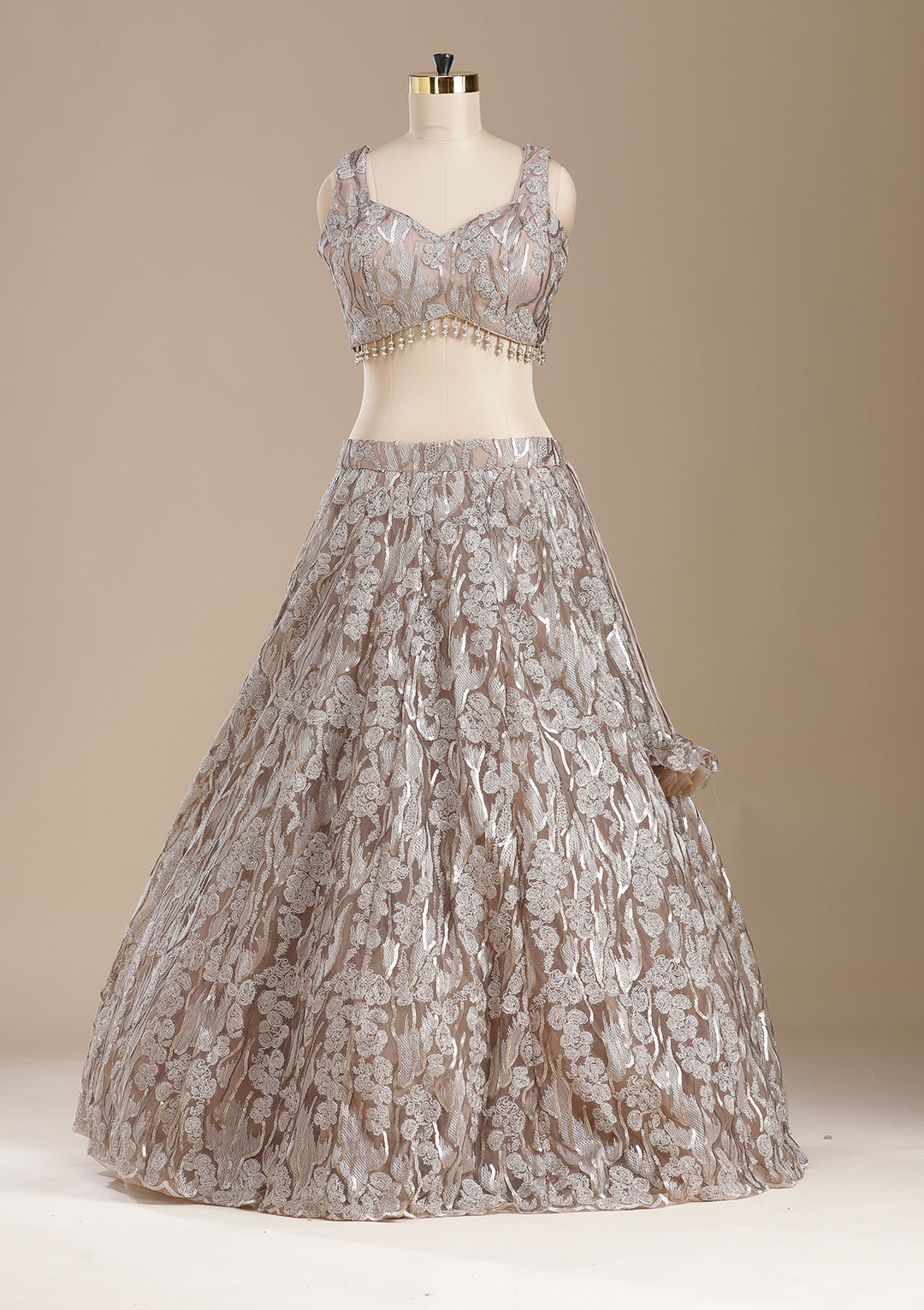 Brown Threadwork Net Readymade Lehenga