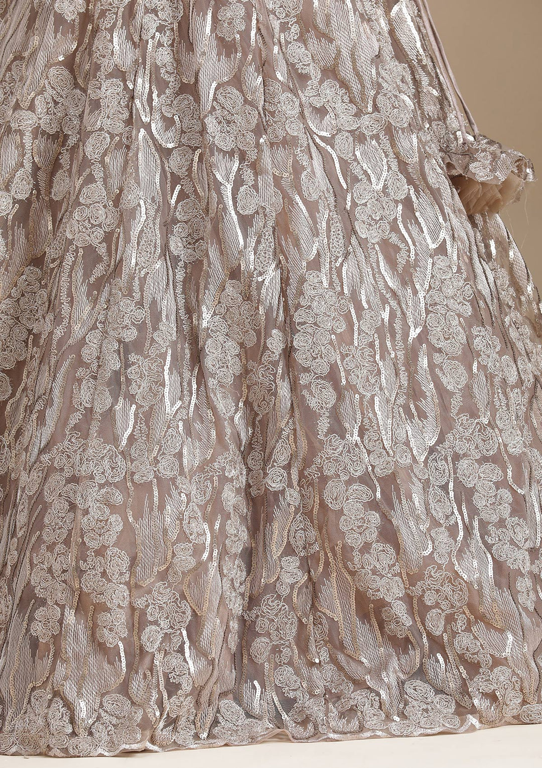 Brown Threadwork Net Readymade Lehenga